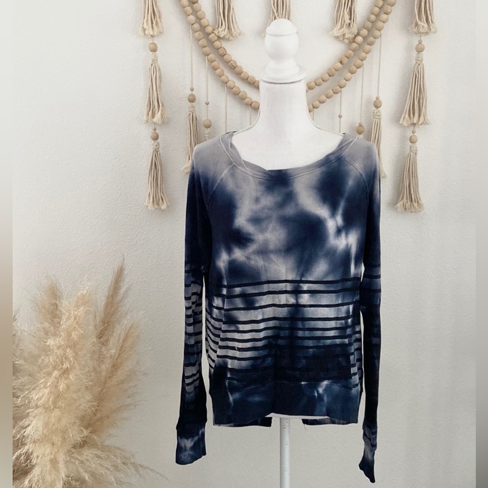 Pam & Gela tie dye boatneck sweatshirt blue black striped zip back top small